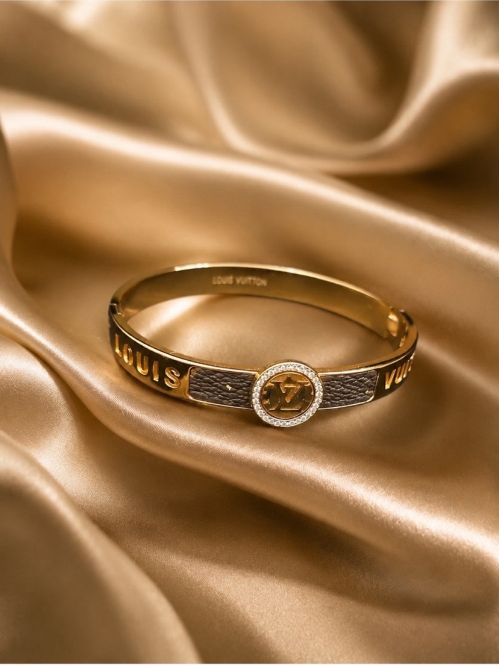 18K Gold and Brown LV Logo Bangle Bracelet - Picture 3 of 8